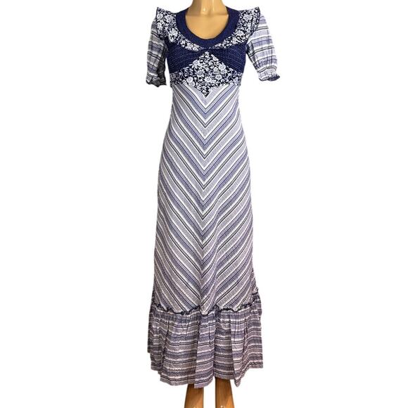 Vintage Jody T of California White Blue Prairie Smocked Gunne Sax Dress Size 5 - Picture 1 of 12